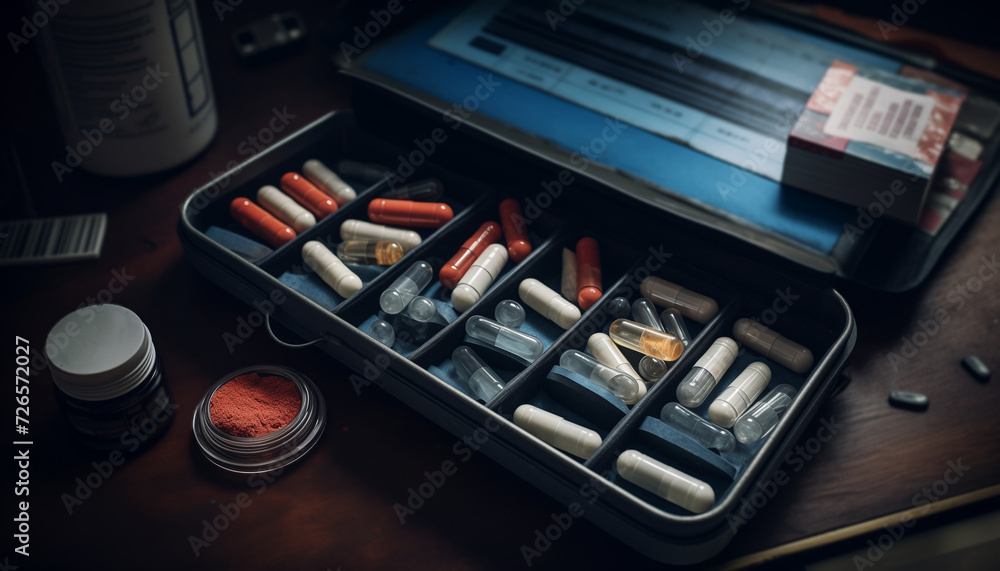 A bunch of different pills arranged in a pill-box A bunch of different pills arranged in a pill-box