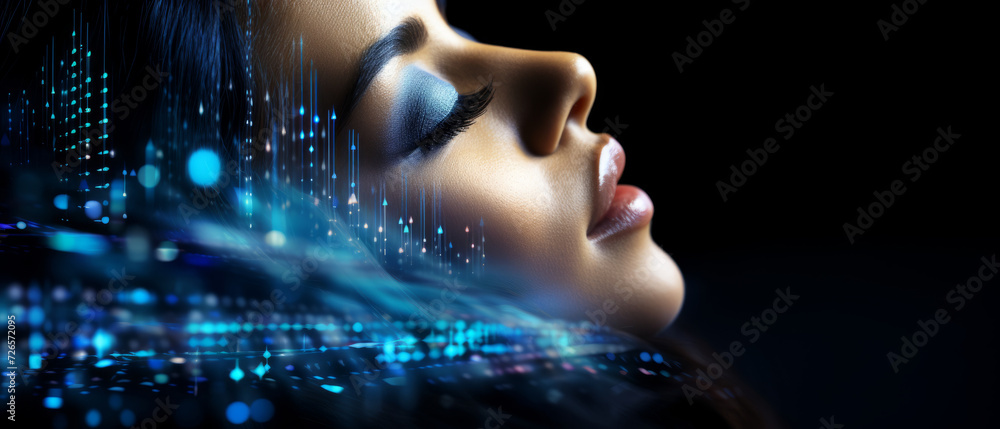 Close-up of a woman's face with bright digital lights of analytical data. Flow of ideas and thoughts. Banner. Close-up of a woman's face with bright digital lights of analytical data. Flow of ideas and thoughts. Banner.