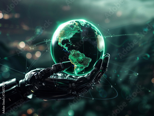The robot holds the planet Earth in his hand on a digital background. The spread of digital technologies around the world. Development of robotization.