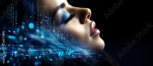 Close-up of a woman's face with bright digital lights of analytical data. Flow of ideas and thoughts. Banner.