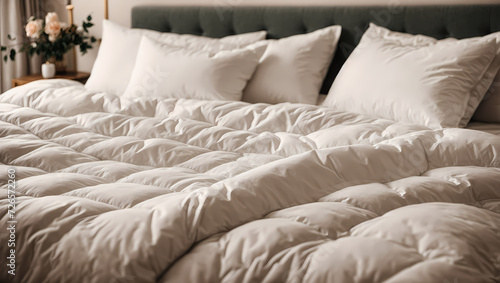 Soft, folded duvet lying on a neatly arranged bed, signaling the onset of the winter season and inviting a cozy atmosphere for rest and relaxation.