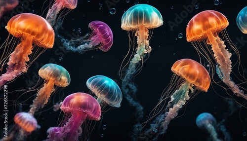 Jellyfish. Lots of colorful jellyfish under water. Sea life. Selective focus. AI generated © Alex Puhovoy