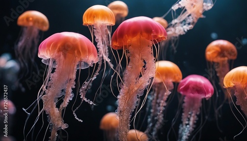Jellyfish. Lots of colorful jellyfish under water. Marine life. Selective focus. AI generated
