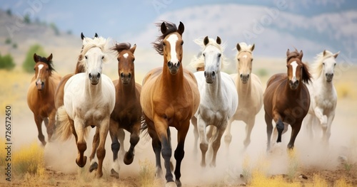 Several Horses Running together in the mountains, all in a herd running to some unknown destination