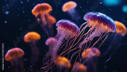 Jellyfish. Many colorful neon jellyfish underwater. Marine life. Selective focus. AI generated
