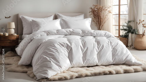 White bed background adorned with a neatly folded duvet, symbolizing the warmth and comfort associated with winter preparations in households.