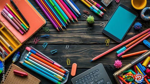 School supplies on wooden background. Pencils, pens, notebooks and stationary items.