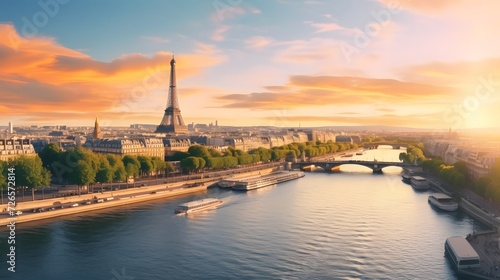 Paris aerial panorama with river Seine and Eiffel tower, France. Romantic summer holidays vacation destination. Panoramic view above historical Parisian buildings and landmarks with sunset sky © Ziyan Yang