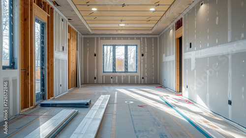 Drywall installation process inside a new house room.