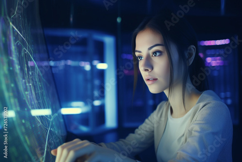 Woman coder analyst. Girl information technology data analyst. Modern technology, programming concept. generative AI