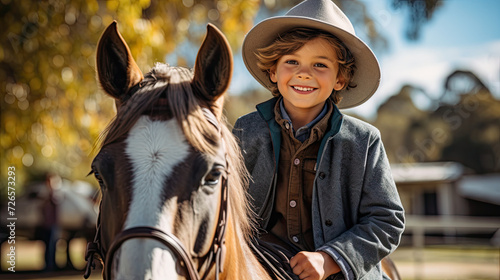 Happy young girl looking at the camera while riding a horse, wearing a horse riding helmet
