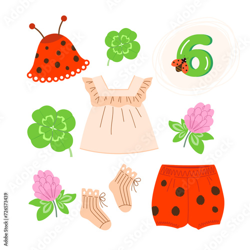 Children's clothing for newborn baby. Ladybug costume: hat with horns, polka dot panties, T-shirt, socks, clover leaves and flowers, number six. Vector illustration for photo album design.