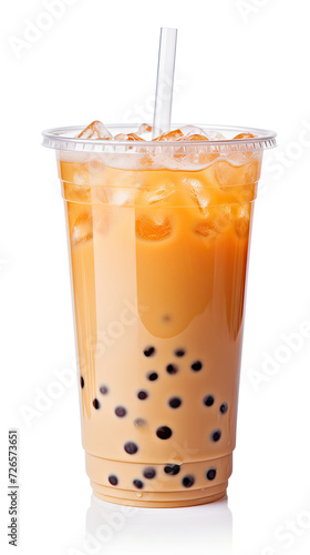 Iced milk tea and bubble boba in a plastic glass isolated on white background