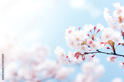 Spring banner, branches of blossoming cherry against background of blue sky. Beautiful nature scene with blooming tree and sun flare.