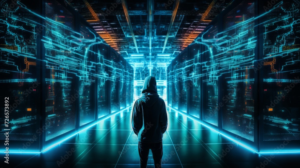 Silhouette of a male hacker in a server room. Neural network AI generated art Silhouette of a male hacker in a server room. Neural network AI generated art