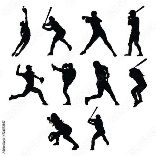 Softball Player black silhouette set vector