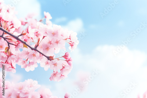 Beautiful image of branches of pink cherry blossoms and fluttering butterflies against a blue sky with clouds on bright sunny day.