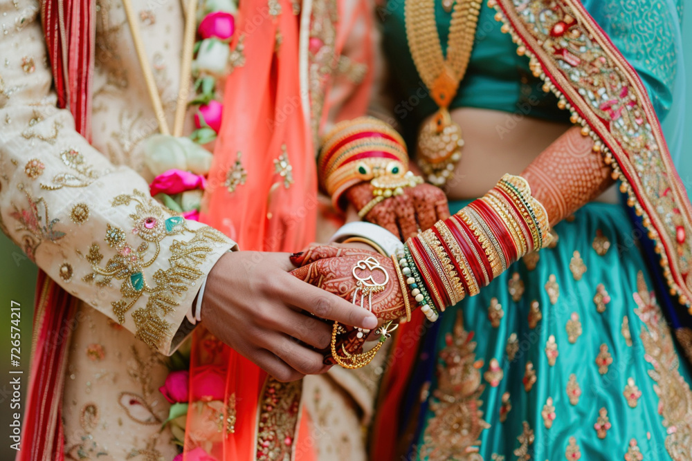 Celebration of a special day of love marriage ceremony concept. Close-up Indian bride's hands during the Saptapadi ceremony on Hindu wedding spousal	