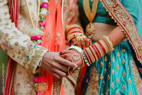 Celebration of a special day of love marriage ceremony concept. Close-up Indian bride's hands during the Saptapadi ceremony on Hindu wedding spousal 