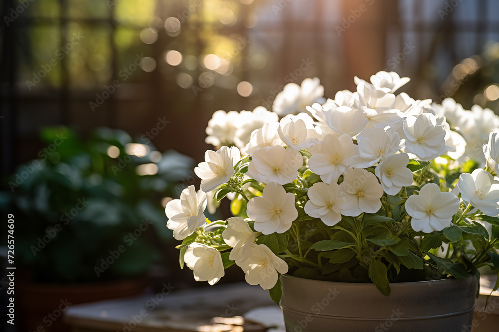 Garden white flowers in pots. Seedlings and gardening. White day Garden white flowers in pots. Seedlings and gardening. White day