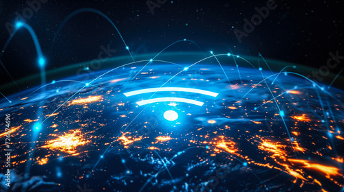 Global Wi-Fi Network Connectivity Concept Illustrating a High-Speed Wi-Fi 7 Symbol Over a Glowing Earth with Network Lines and City Lights
