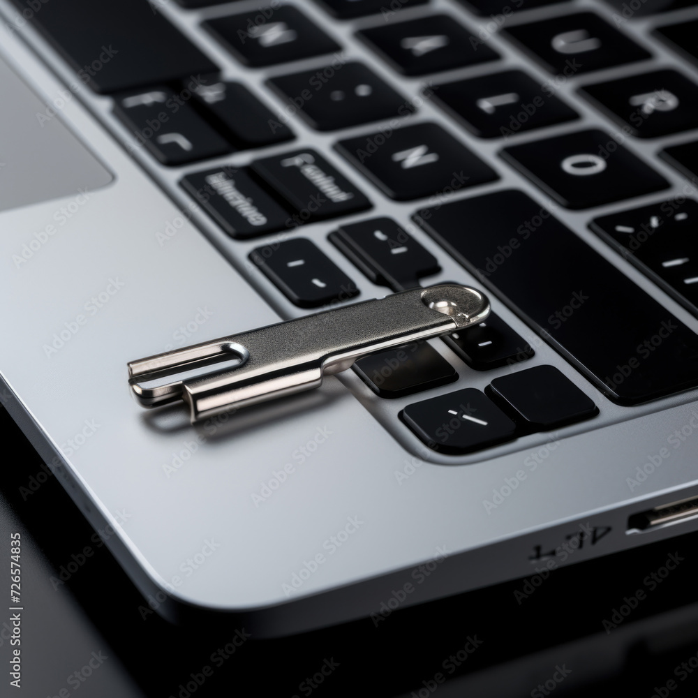 Digital Security: Close-up of Laptop Keyboard with Security Key Digital Security: Close-up of Laptop Keyboard with Security Key
