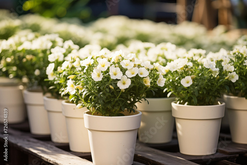 Wallpaper Mural Garden white flowers in pots. Seedlings and gardening. White day Torontodigital.ca