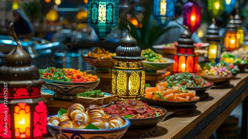 colorful Ramadan lanterns and delicious dishes on the table © Ladyana Rysa