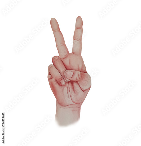 Watercolor peace hand gesture sign. Human hand showing two fingers up. Victory sign.