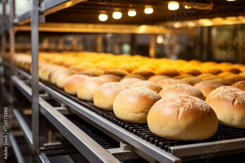 Freshly baked loaves on bakery conveyor. Generative AI