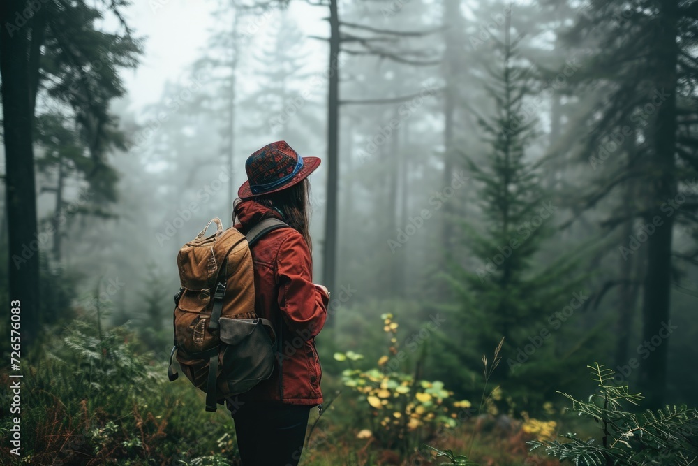 Young female traveler standing in misty forest.