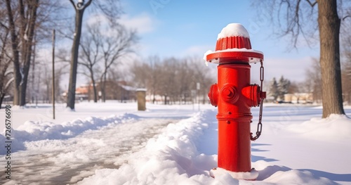 A Red Fire Hydrant and Pole Gleam Against a Wintry Scene of Snow, Nature, and a Bright Yet Cloudy Sky © coco