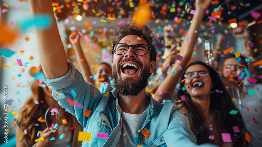 Team of office workers celebrating a huge milestone. Confetti flying in the air around them. Team of office workers celebrating a huge milestone. Confetti flying in the air around them.