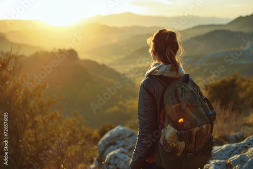Hipster girl enjoys sunset on mountain peak in Spain.