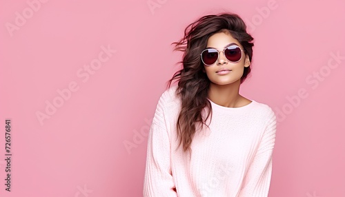 woman wearing sunglasses in front of pink background. beautiful woman with pink top wearing sunglasses and posing in front of camera. woman with sunglasses portrait © Divid