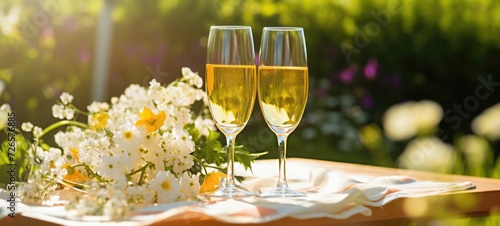 champagne picnic date in the park with flowers, ai
