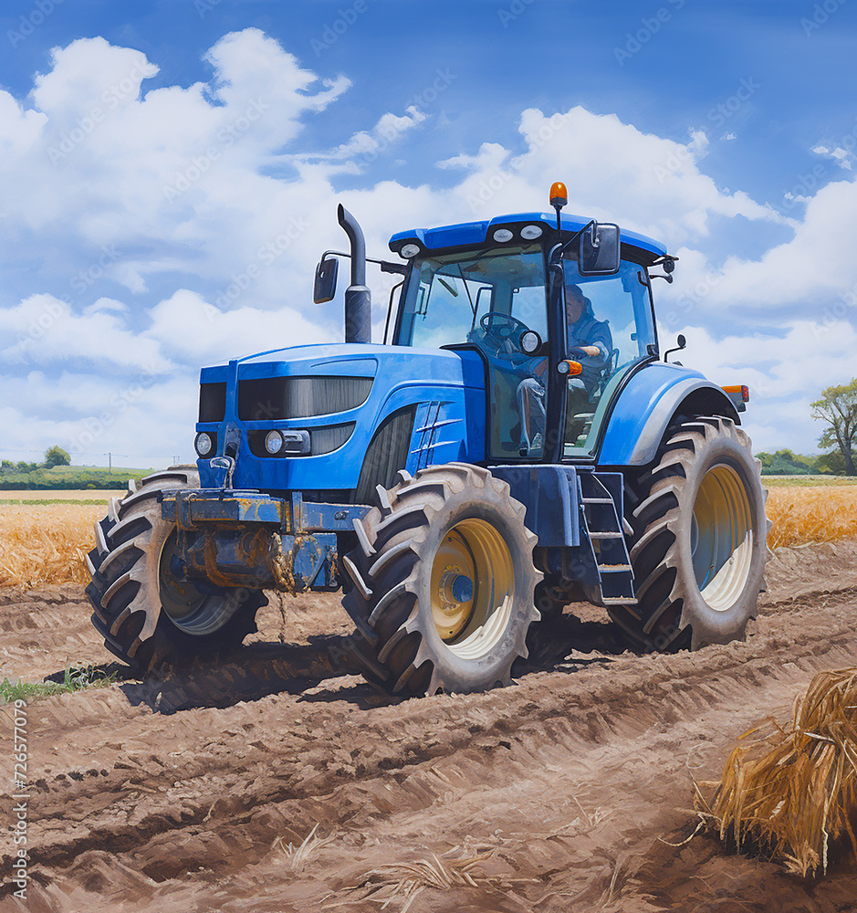 Obraz premium An agricultural tractor is working in a field on a sunny day