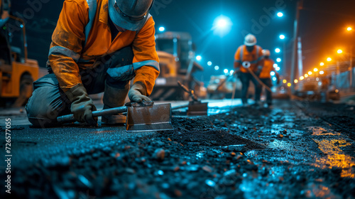 Nighttime road repairs with minimal street traffic. Orange safety vests with reflectors being worn.