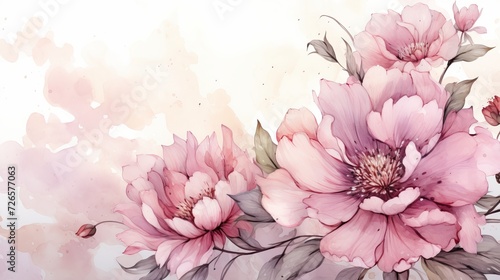 Hand drawn peony flowers on watercolor background for mother s day card with free copy space