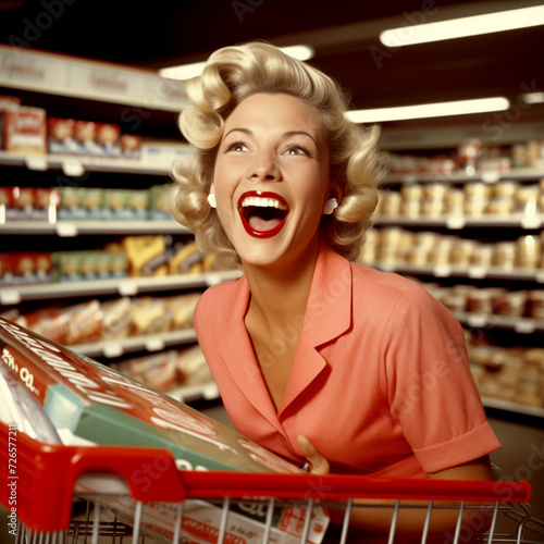 Beautiful Happy Woman Shopping in Supermarket - Looking at Camera