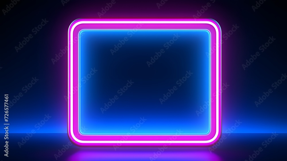 Fototapeta premium Vector 3d render, square glowing in the dark, pink blue neon light, illuminate frame design. Abstract cosmic vibrant color backdrop. Glowing neon light. Neon frame with rounded corners