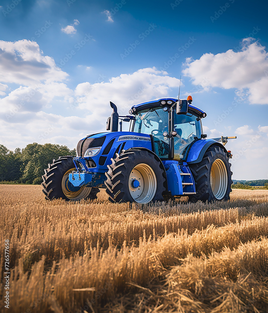 An agricultural tractor is working in a field on a sunny day An agricultural tractor is working in a field on a sunny day