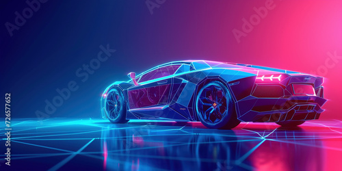 X-ray of a luxury car on studio background. Augmented reality for car design editing and improvement. 3D graphics visualization shows a fully developed vehicle prototype analyzed and optimized