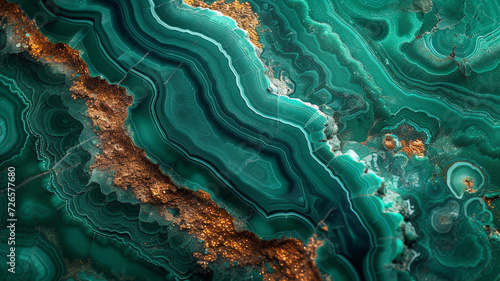 Close up of malachite mineral stone background with vibrant emerald green and gold patterns.