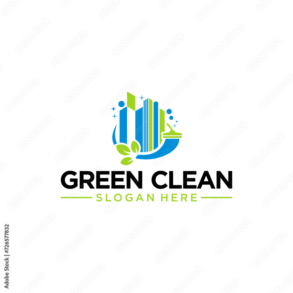 Green Cleaning Logo With Apartment residential commercial  real estate cleaning Wash logo design vector icon symbol template