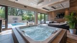 Large bubbling indoor jacuzzi spa with an outdoor pool. Luxury home interiors.