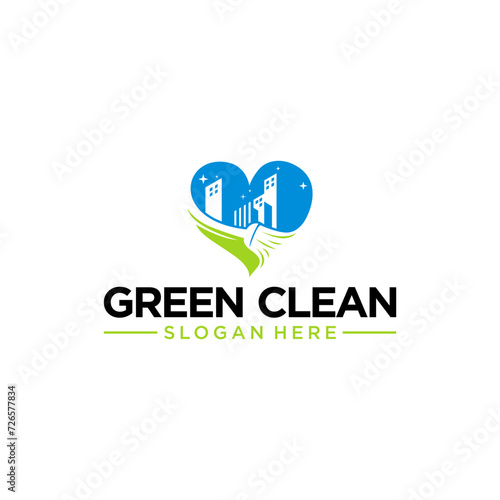 Green Cleaning Logo With Apartment residential commercial  real estate cleaning Wash logo design vector icon symbol template