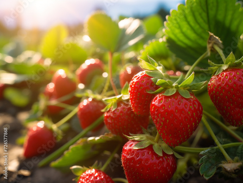 A close-up of a vibrant strawberry field with ripe berries ready for picking. 