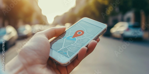 Phone in hand with a mark on the map to determine geolocation