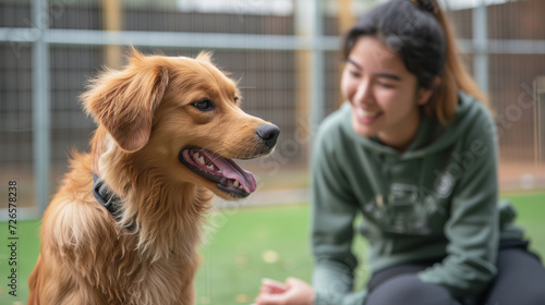 Dog trainer at work with younger orange pet in the play yard. photo